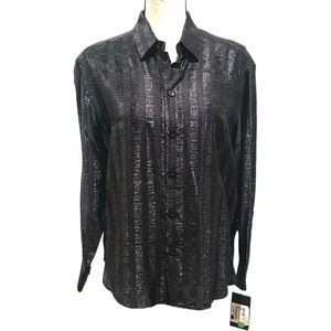 Saint Laurent YSL Metallic Lamé Striped Long Sleeve Collared Button Down Blouse
